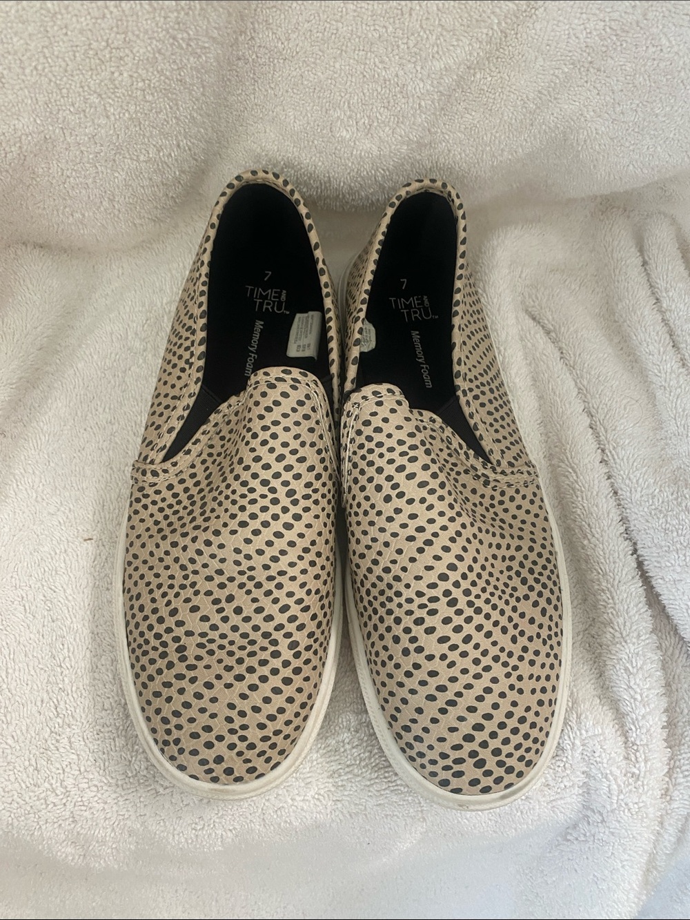 Time and Tru Beige Slip-On Moccasins with Black Dot Print